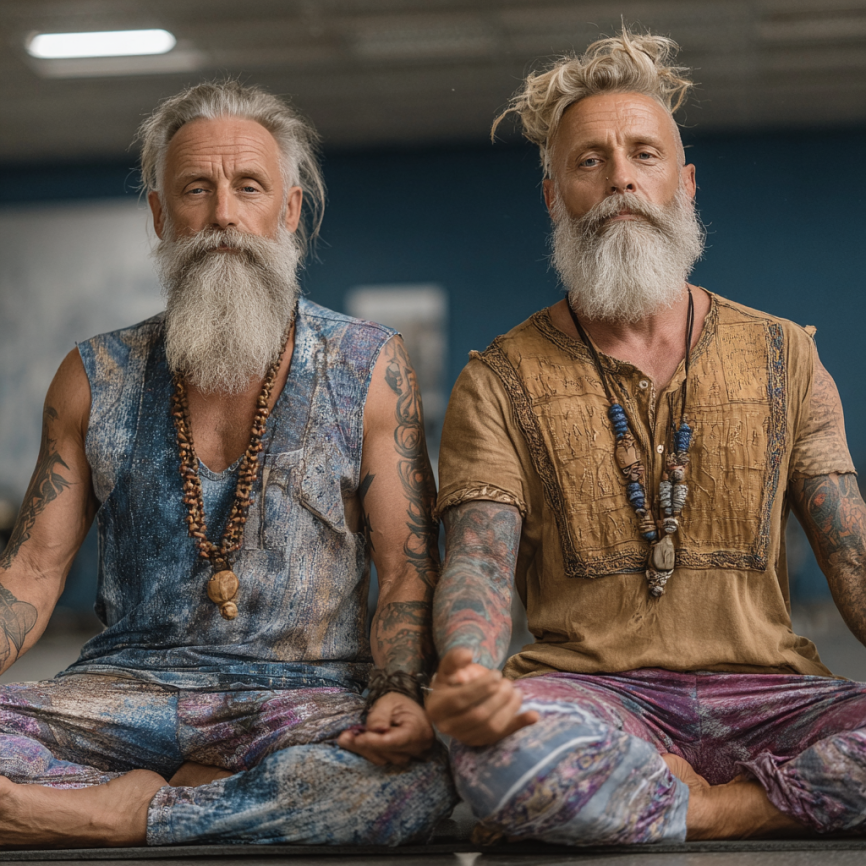 Възрастни хора правят йога на открито